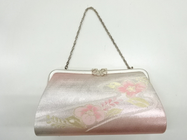 アンティーク　椿に花模様織出し和装バッグ